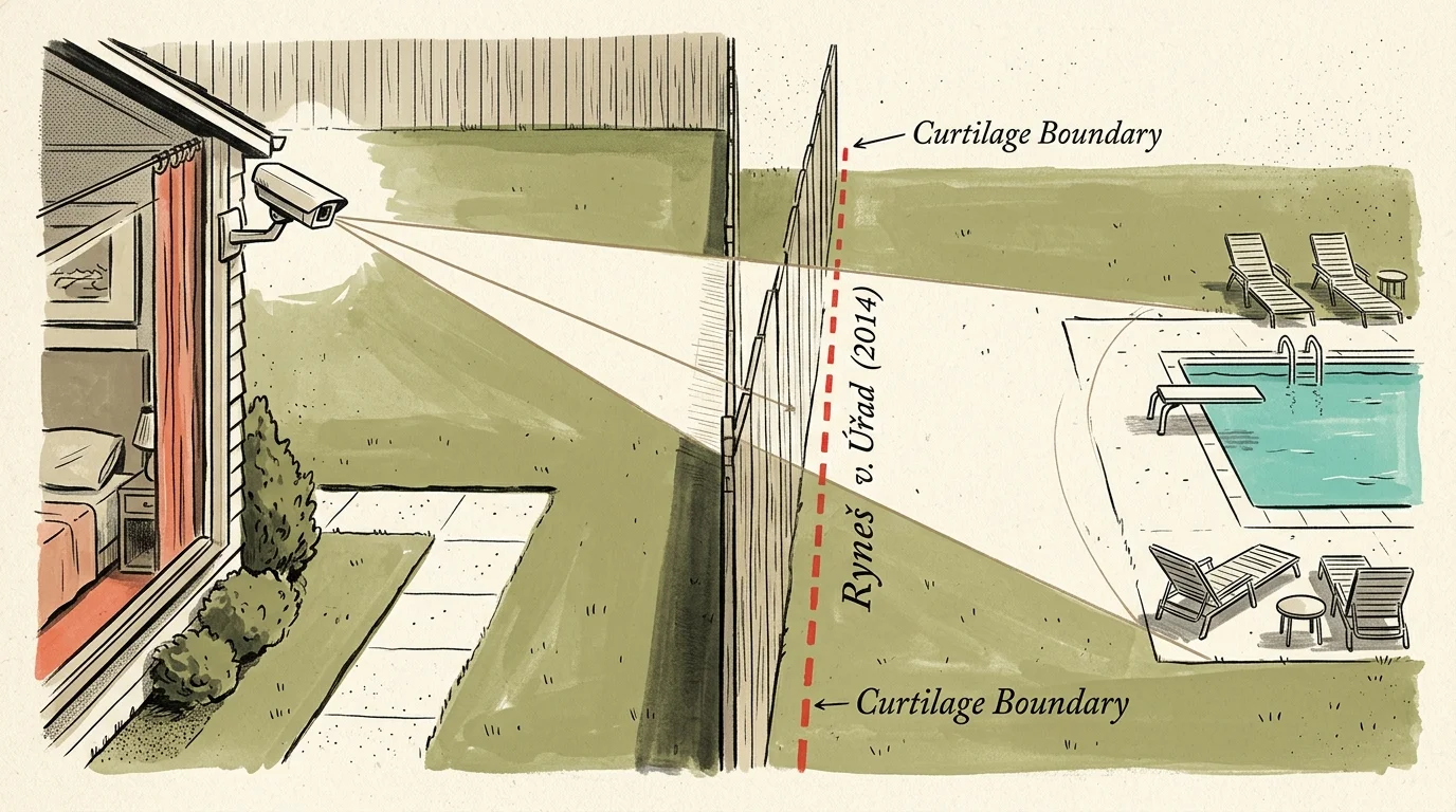 Illustration of a security camera on a house aiming its field of view over a fence boundary into a neighbor's pool area.