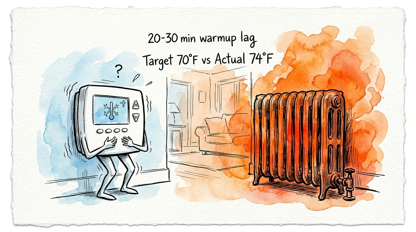 Watercolor illustration of a shivering smart thermostat character next to a scorching cast-iron radiator emitting heat.