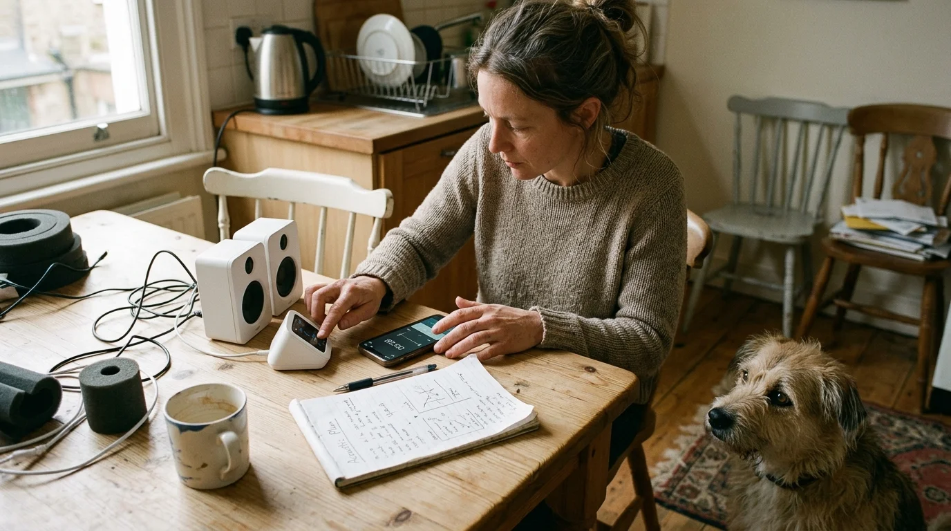 Woman at a wooden table setting up audio speakers and a phone beside handwritten notes, with a terrier sitting nearby.