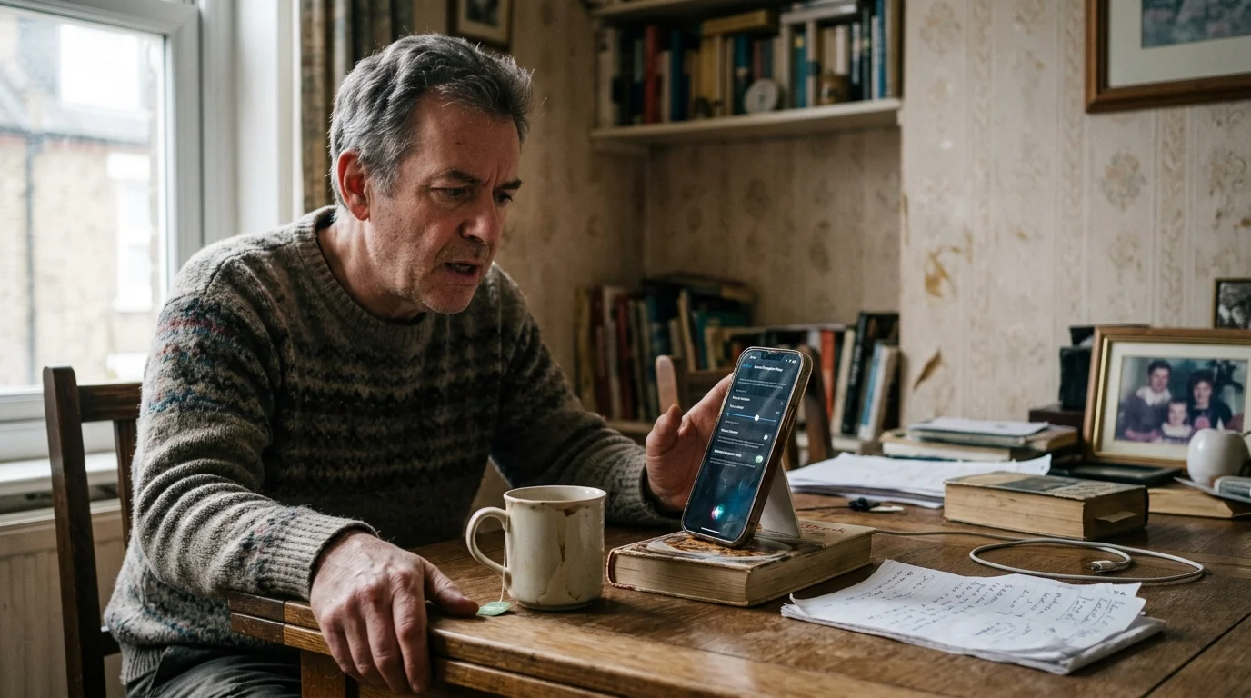 A man sits at a wooden table with a mug and papers, speaking toward a smartphone propped on a book.