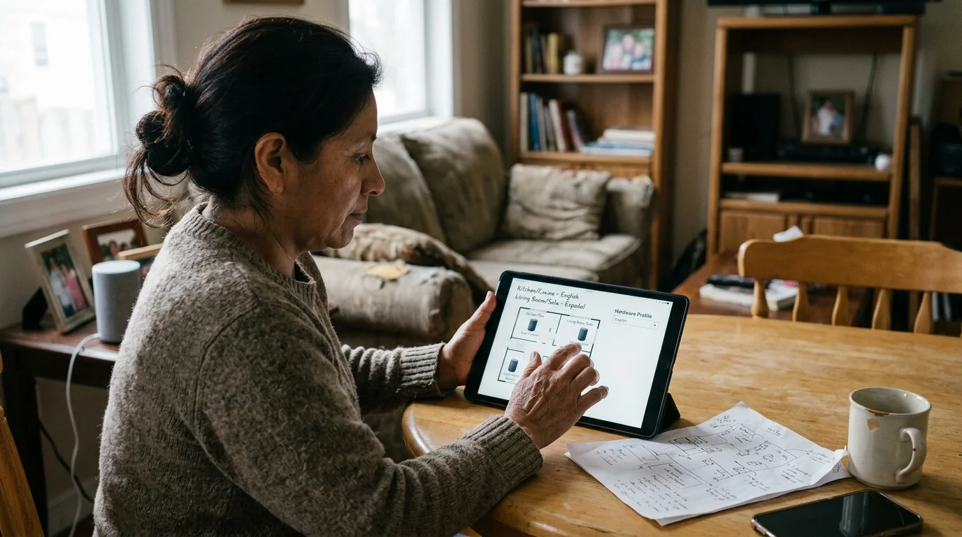 A woman at a wooden table views a home floor plan app on a tablet next to a smart speaker.