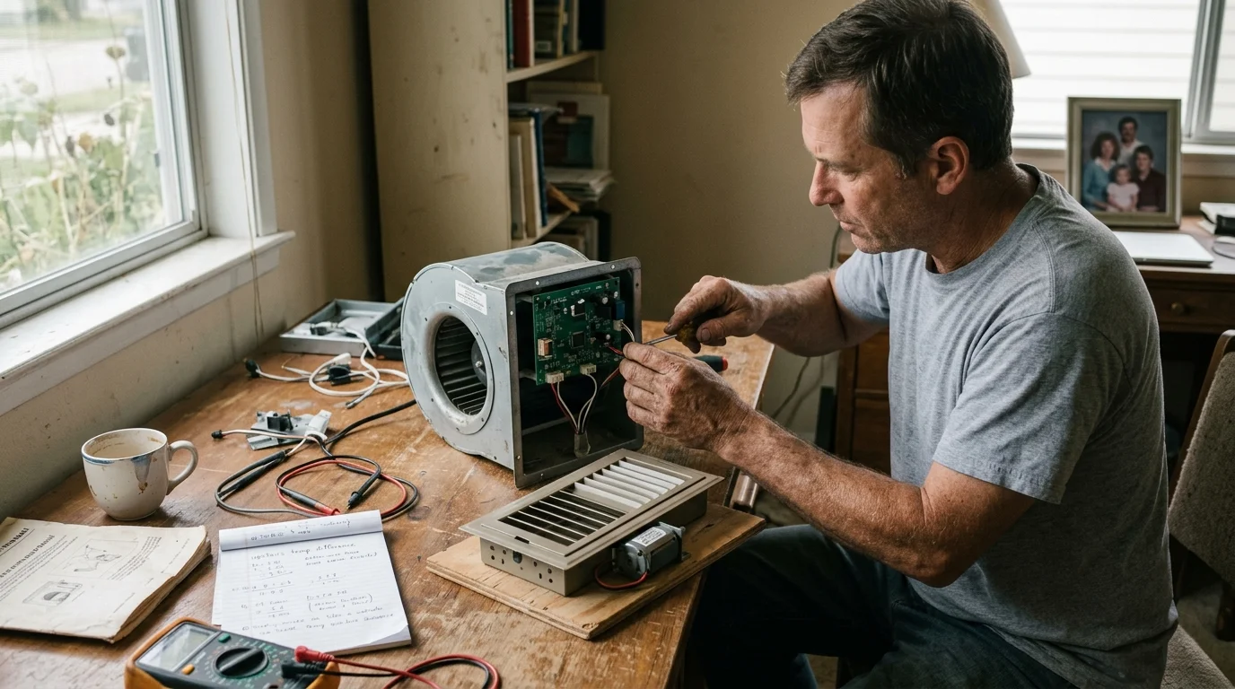 A man works with a screwdriver on a disassembled blower fan unit beside a metal floor register on a wooden table.
