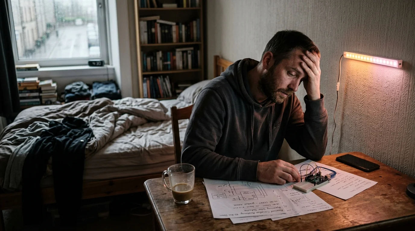 A tired man sits at a desk studying circuit diagrams beside an unmade bed and a light bar mounted on the wall.