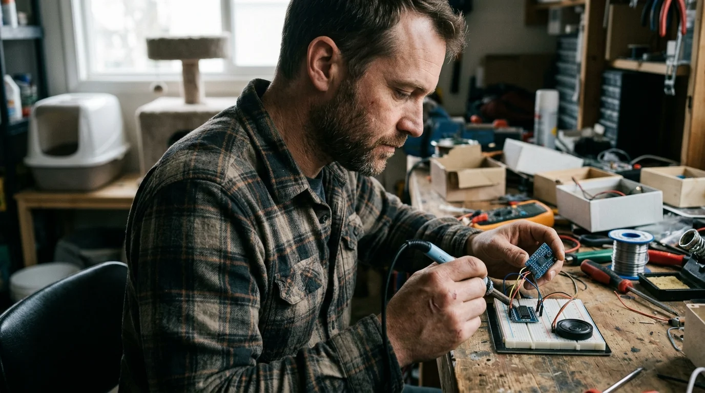 A bearded man in a plaid shirt solders wires onto a breadboard circuit at a cluttered wooden workbench.