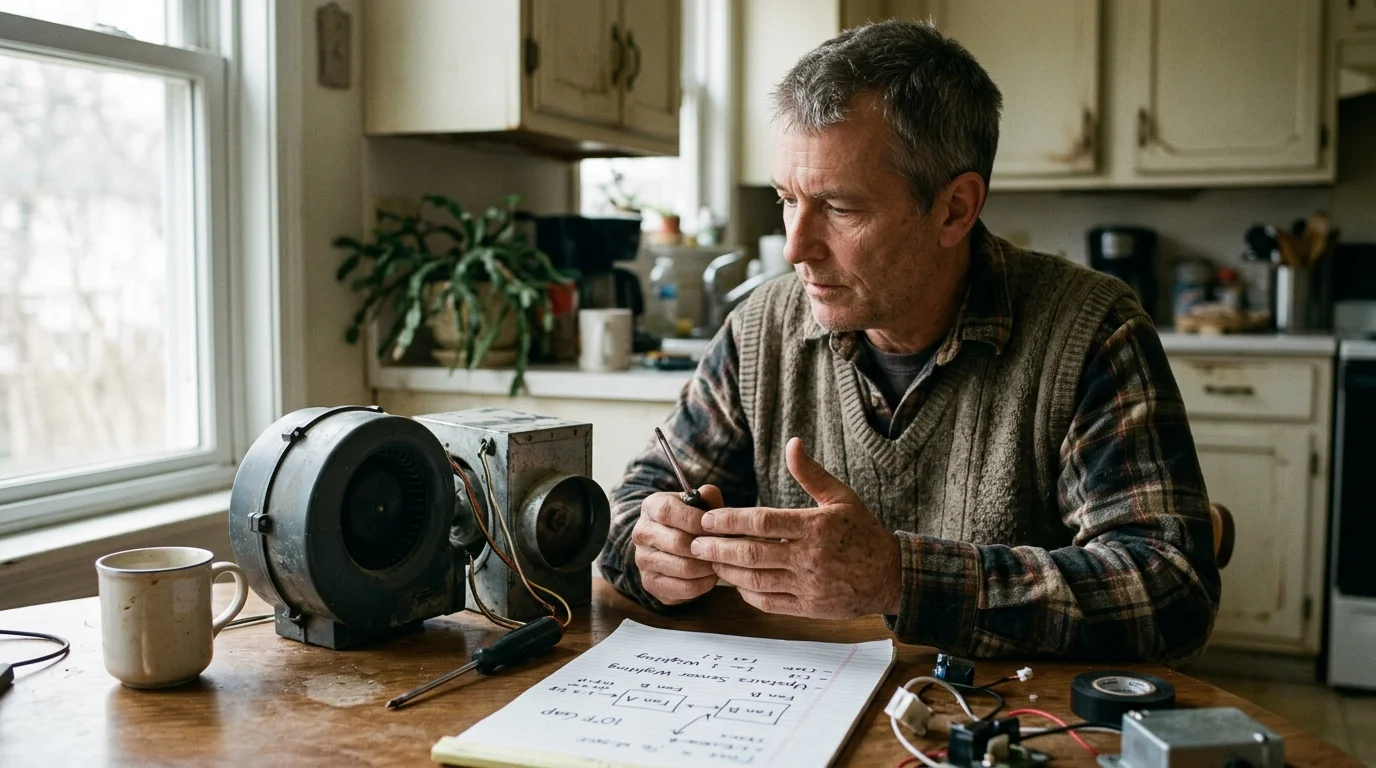 A man sits at a kitchen table holding a screwdriver next to a blower fan, handwritten notes, and electrical parts.