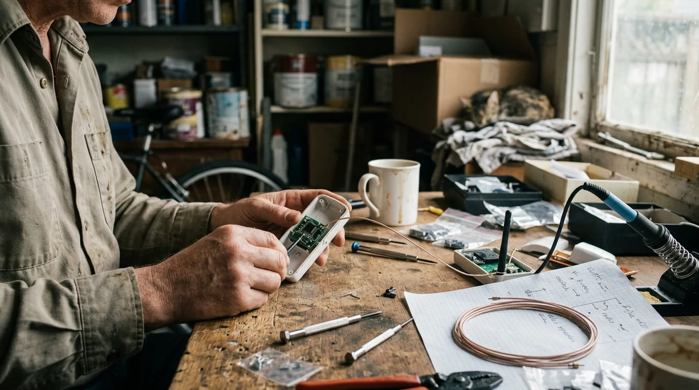 A person at a workshop workbench modifies a small circuit board inside an open plastic casing with tools and wire.