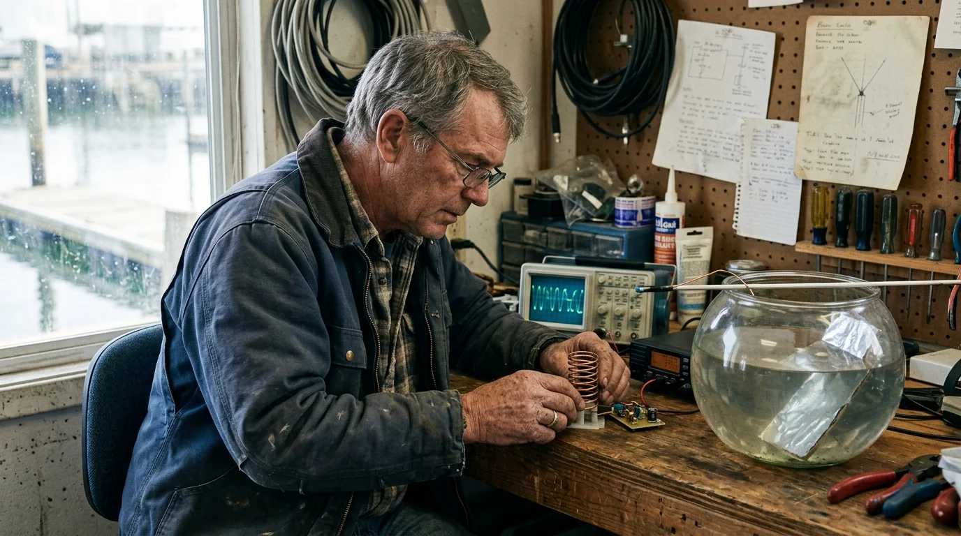 A man wearing glasses works on an electronic circuit at a wooden workbench beside an oscilloscope and a bowl of water.