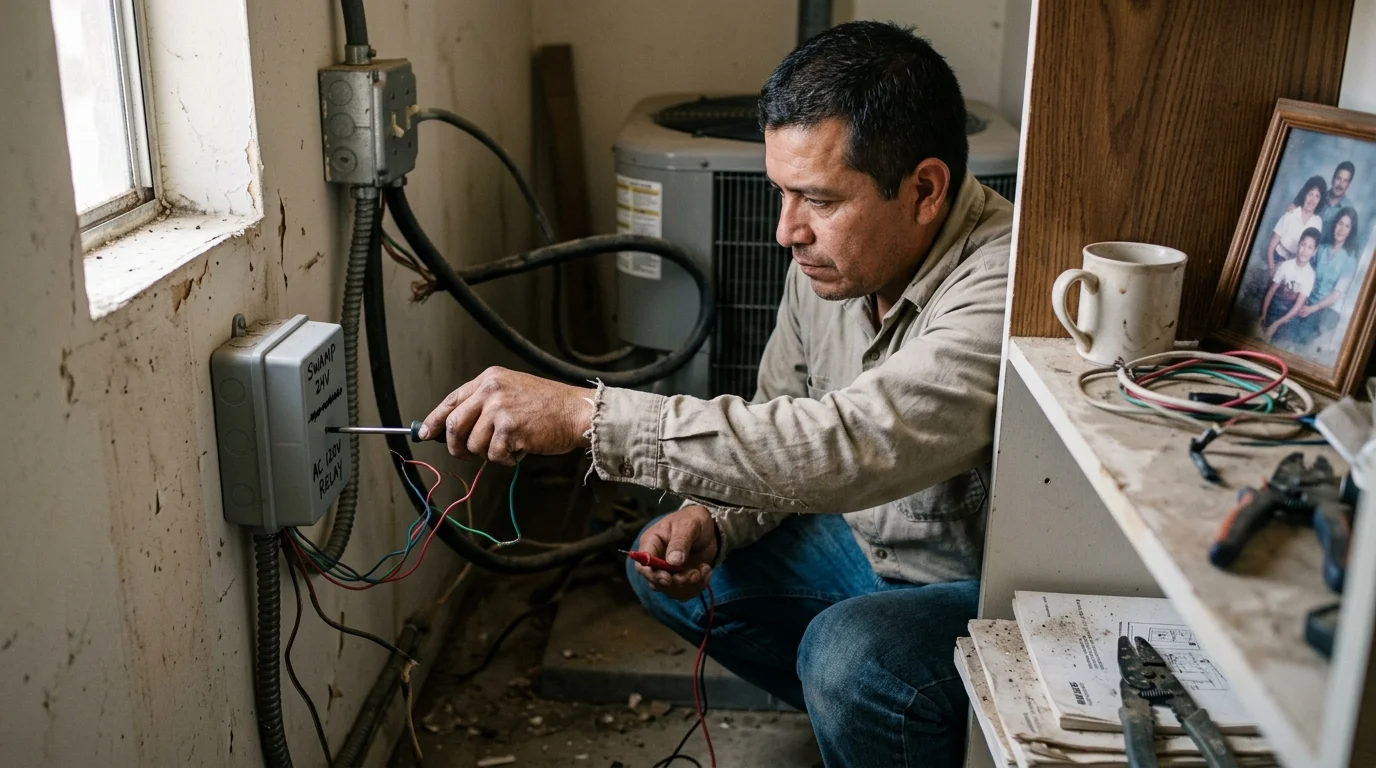 A man squats indoors using a screwdriver and multimeter probe to work on an electrical box wired to a wall.