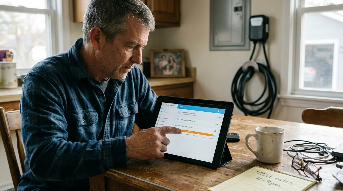 A man at a wooden table taps an automation schedule on a tablet, with an EV charger visible on the wall behind him.