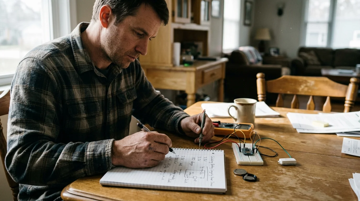 A man writing calculations in a notebook at a wooden table beside a breadboard circuit, multimeter, and coin battery.