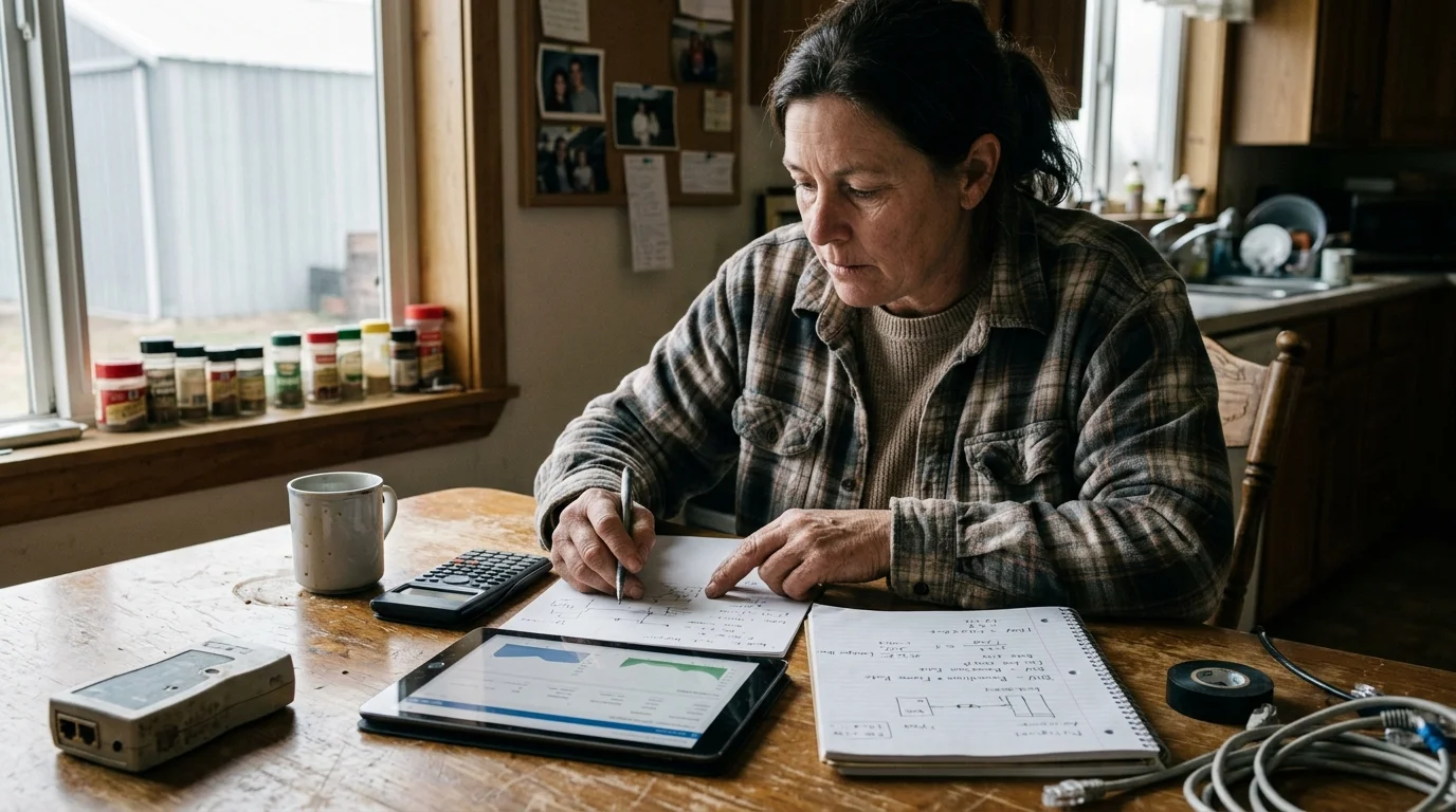 Woman sitting at a wooden kitchen table writing in a notebook near a calculator, tablet, and network cables.
