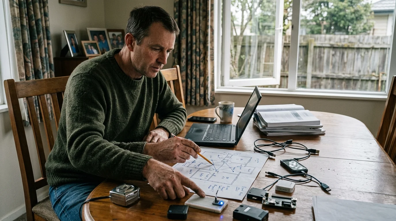 A man at a wooden table points a pencil at a paper floor plan next to a laptop and small electronic components.