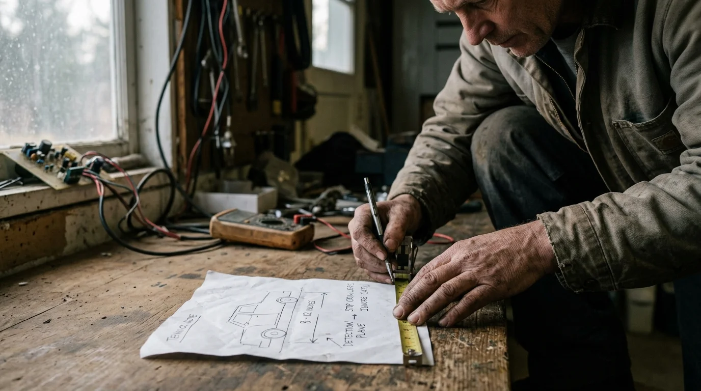 A man in a workshop uses a tape measure and pencil on a vehicle diagram sketched on paper.