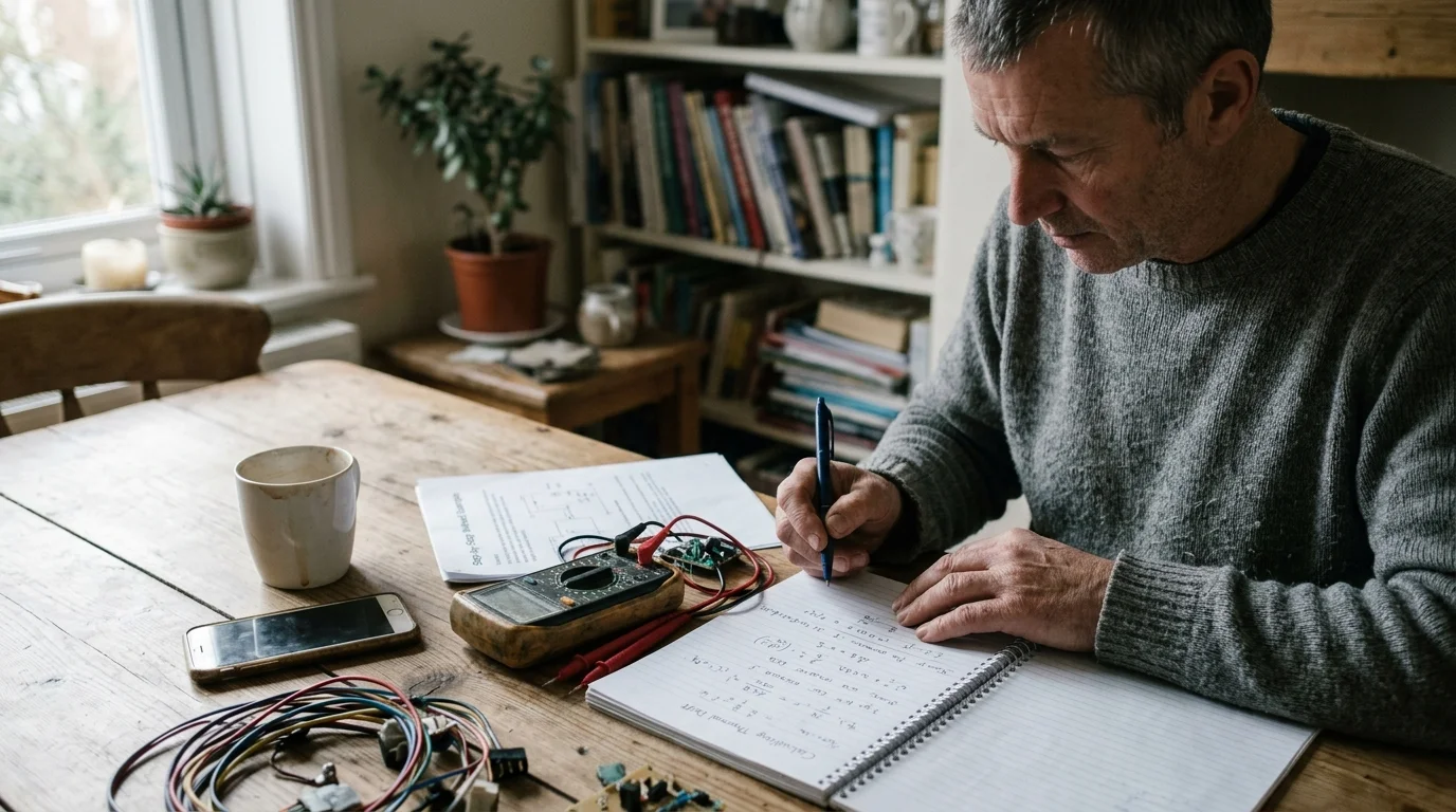 A man writing in a notebook at a wooden table with a multimeter, wiring, phone, and mug.