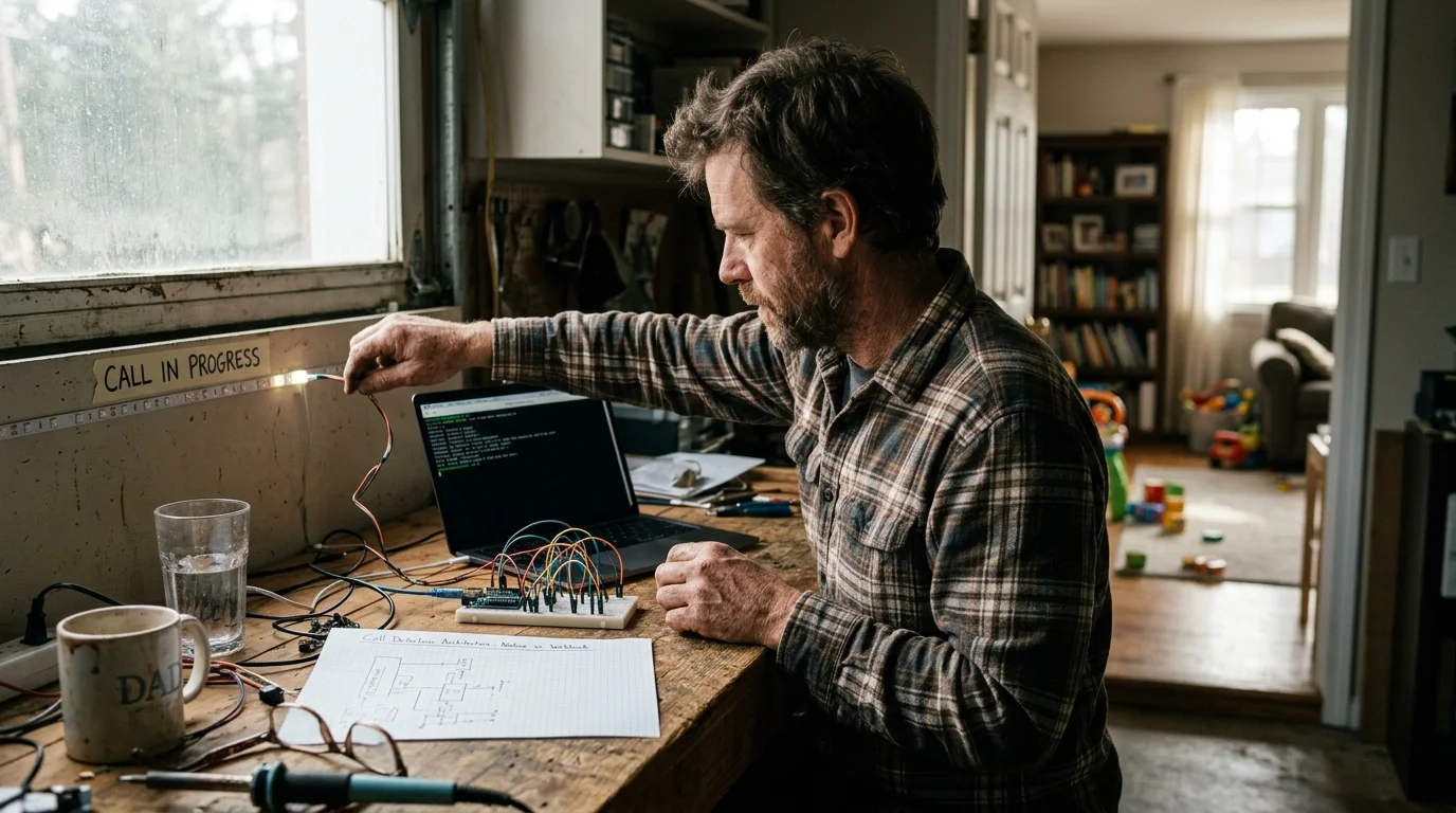 A man at a workbench connects an LED strip next to a laptop, circuit board, and wiring diagram.