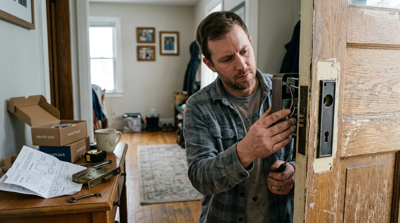 A man installs a retrofit smart lock onto an antique wooden mortise door using a screwdriver.