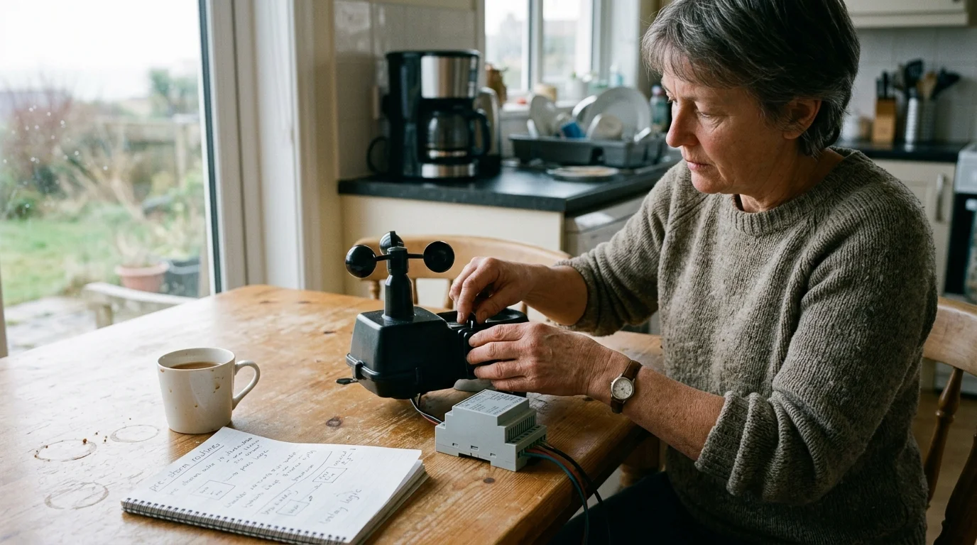 A woman sitting at a wooden kitchen table assembling an anemometer device next to a relay module and handwritten notes.