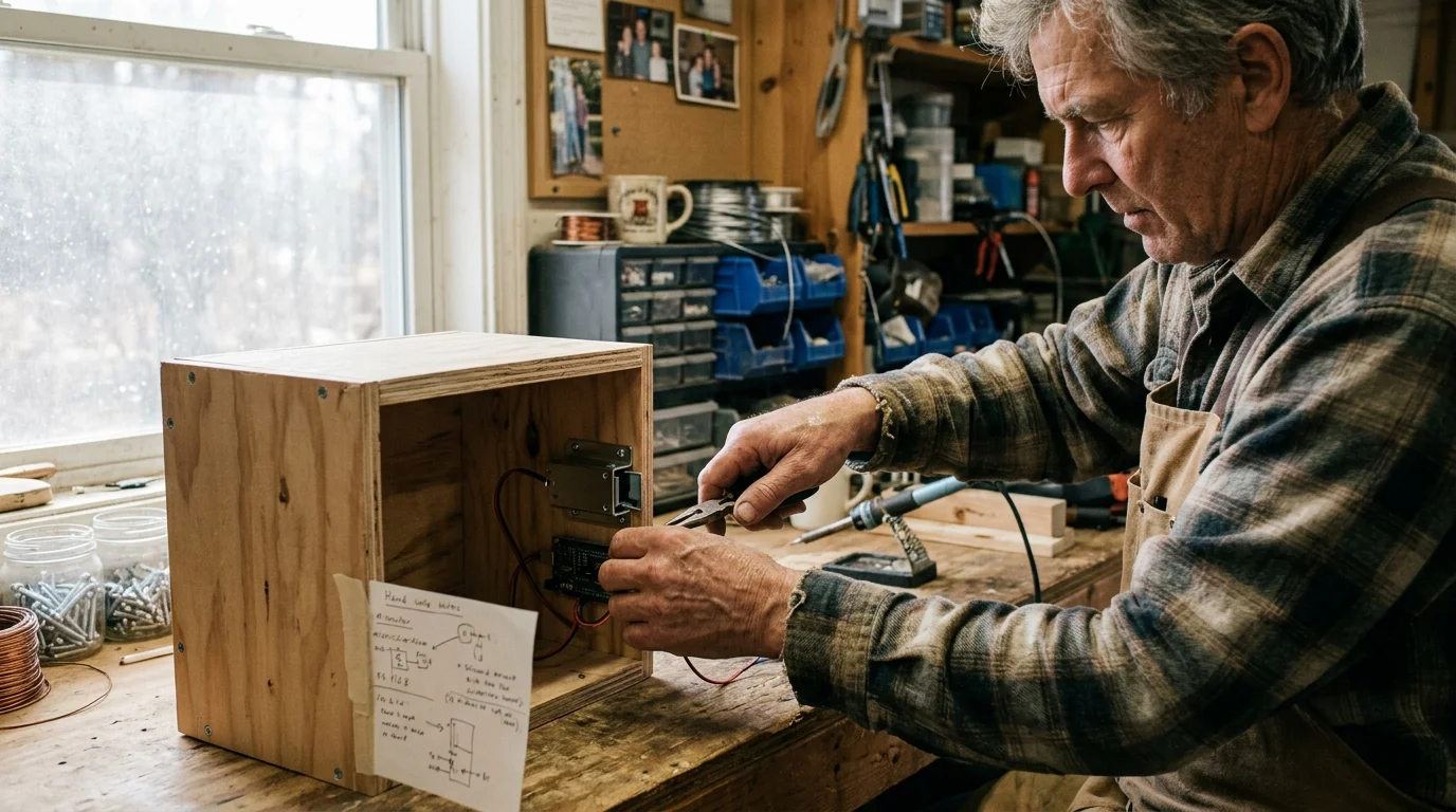 A man in a workshop uses pliers to wire an electronic latch and circuit board inside a wooden box.