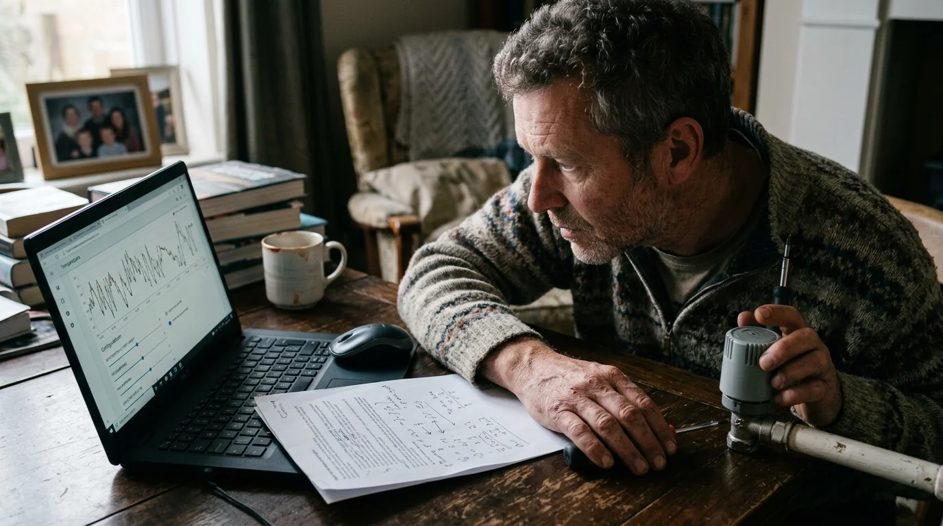 Man at a wooden table examining data graphs on a laptop beside paperwork and a radiator valve assembly.