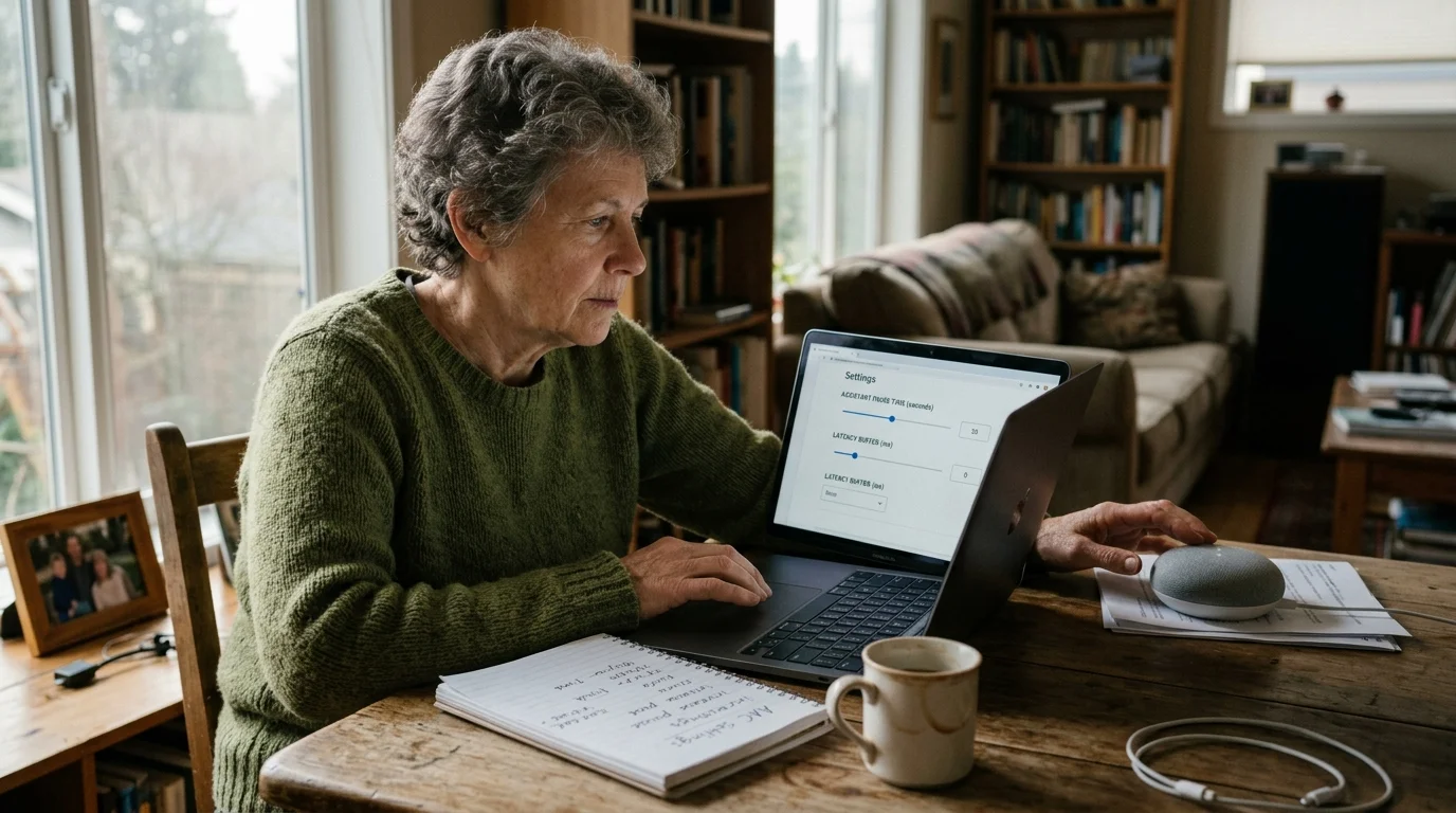 Woman sitting at a wooden table adjusting settings on a laptop next to a small round smart speaker and notebook.