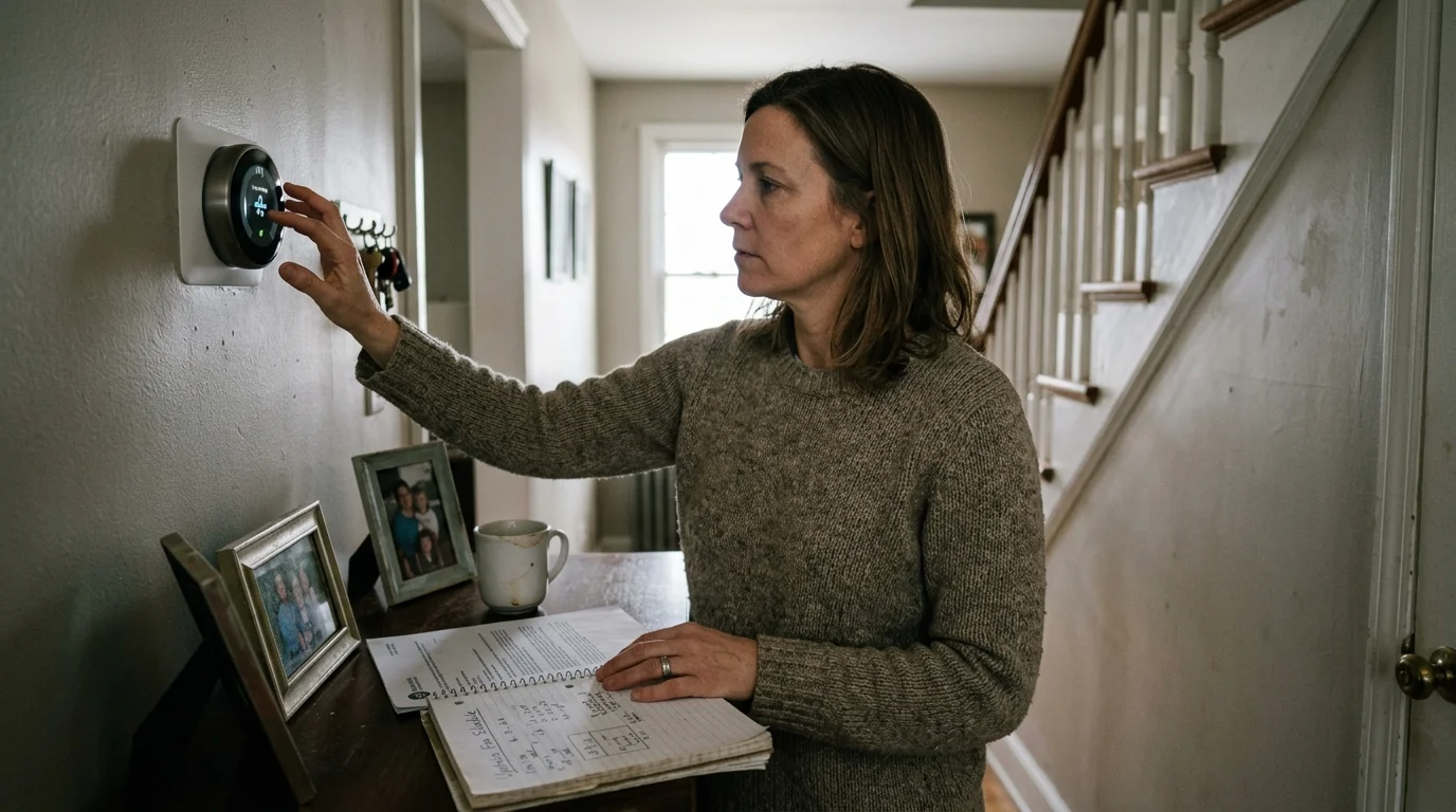A woman standing in a hallway adjusts a round smart thermostat mounted on the wall above a wooden table.