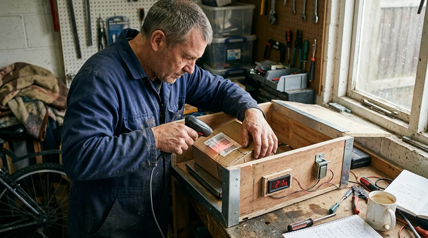 A man in a blue jumpsuit scans a package inside a wooden prototype vault fitted with a digital scale and latch.