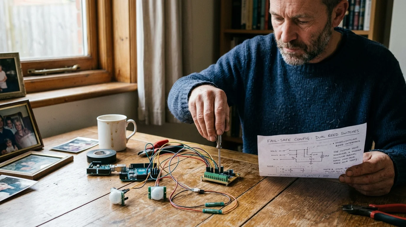 A man at a wooden table wires circuit boards and sensors using a screwdriver while consulting a handwritten schematic.