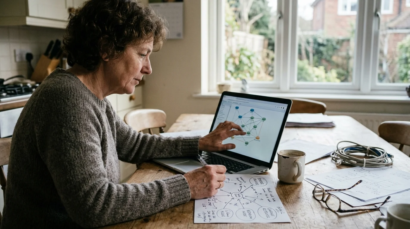 A woman sitting at a dining table points at a network topology diagram displayed on her laptop screen.