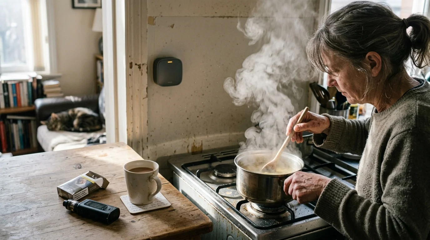 A woman stirs a steaming pot on a gas stove in a kitchen with an air sensor mounted on the wall.