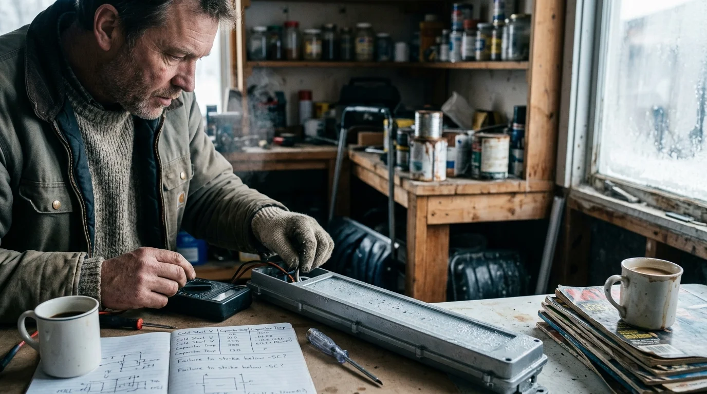 A man in a cold workshop tests a light fixture with a multimeter next to an open notebook and coffee mugs.