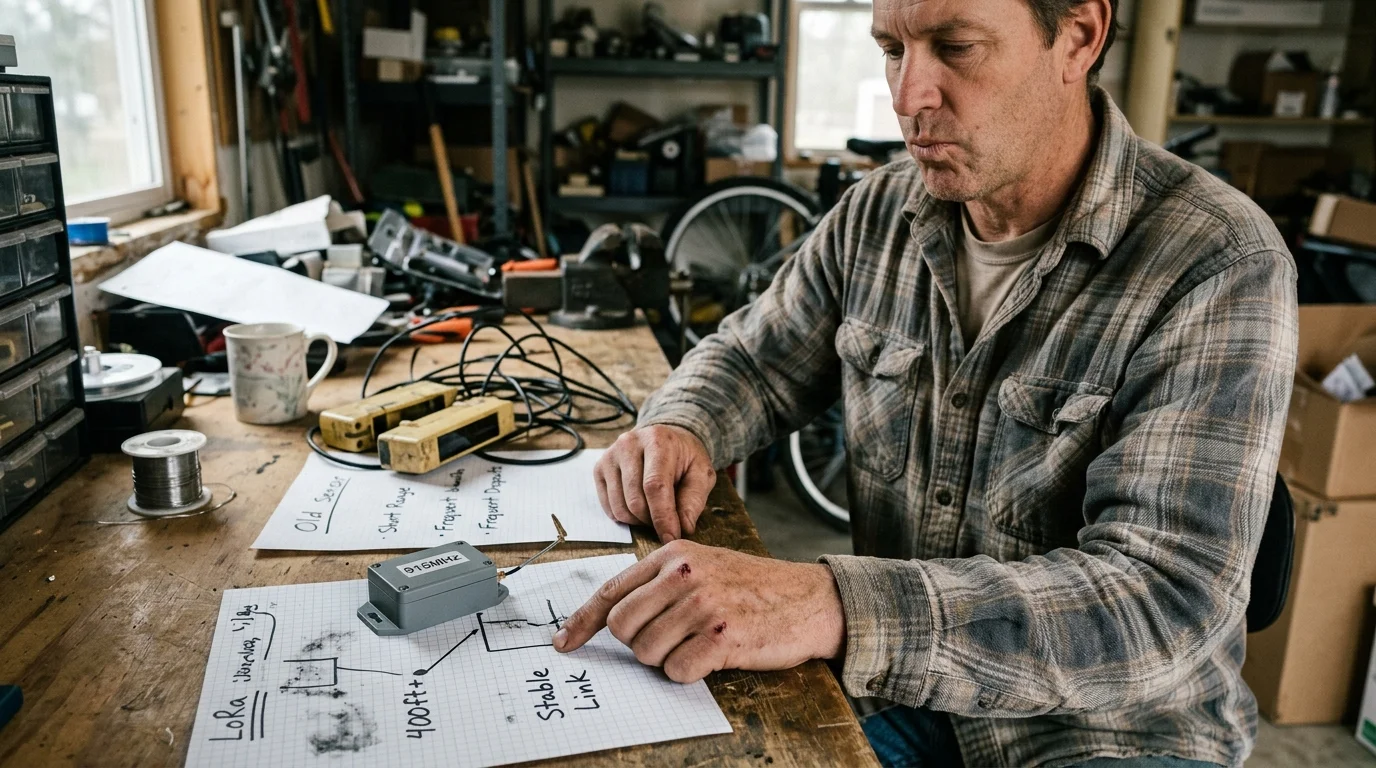 A man in a workshop examining handwritten notes, diagrams, and a small 915MHz sensor box on a wooden workbench.
