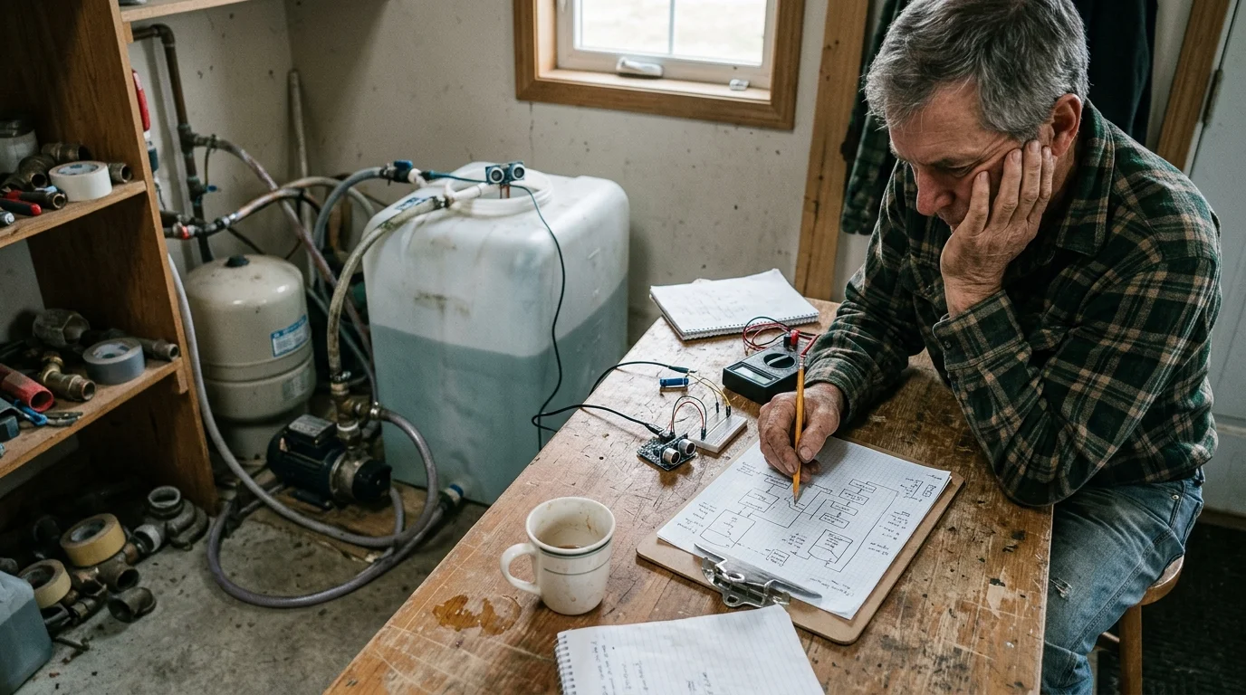 A man at a wooden workbench reviews a schematic near water tanks, plumbing, and electronic breadboard components.