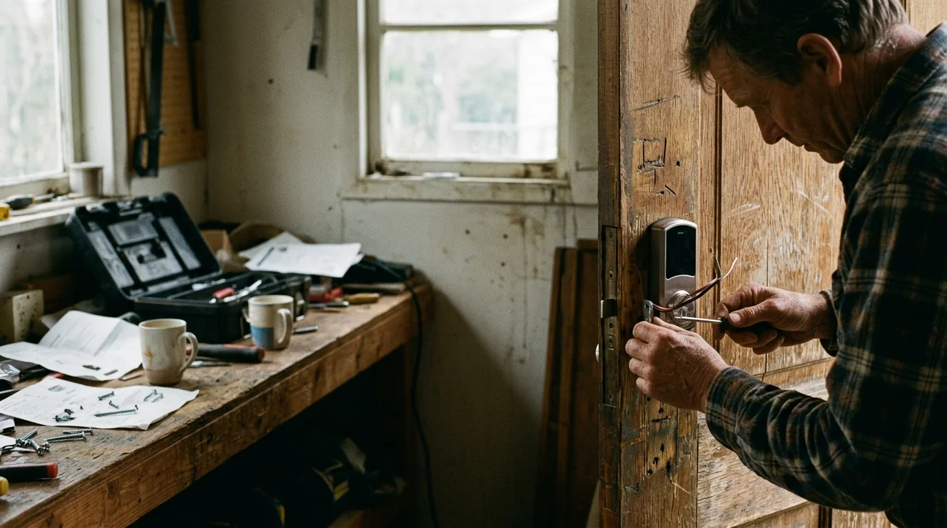 A man installs an electronic smart lock onto a rustic wooden door in a workshop using a screwdriver.