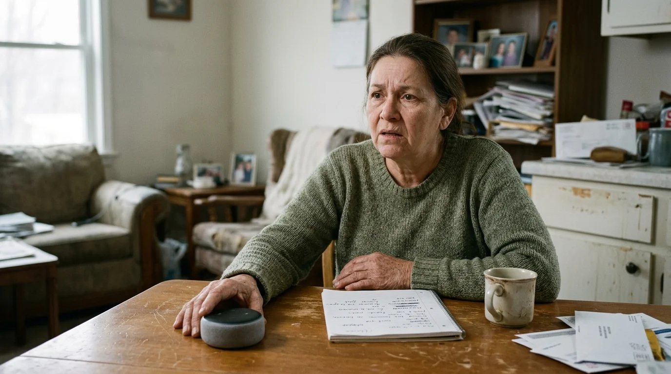 A woman sitting at a wooden table looks concerned with her hand resting beside a small smart speaker.