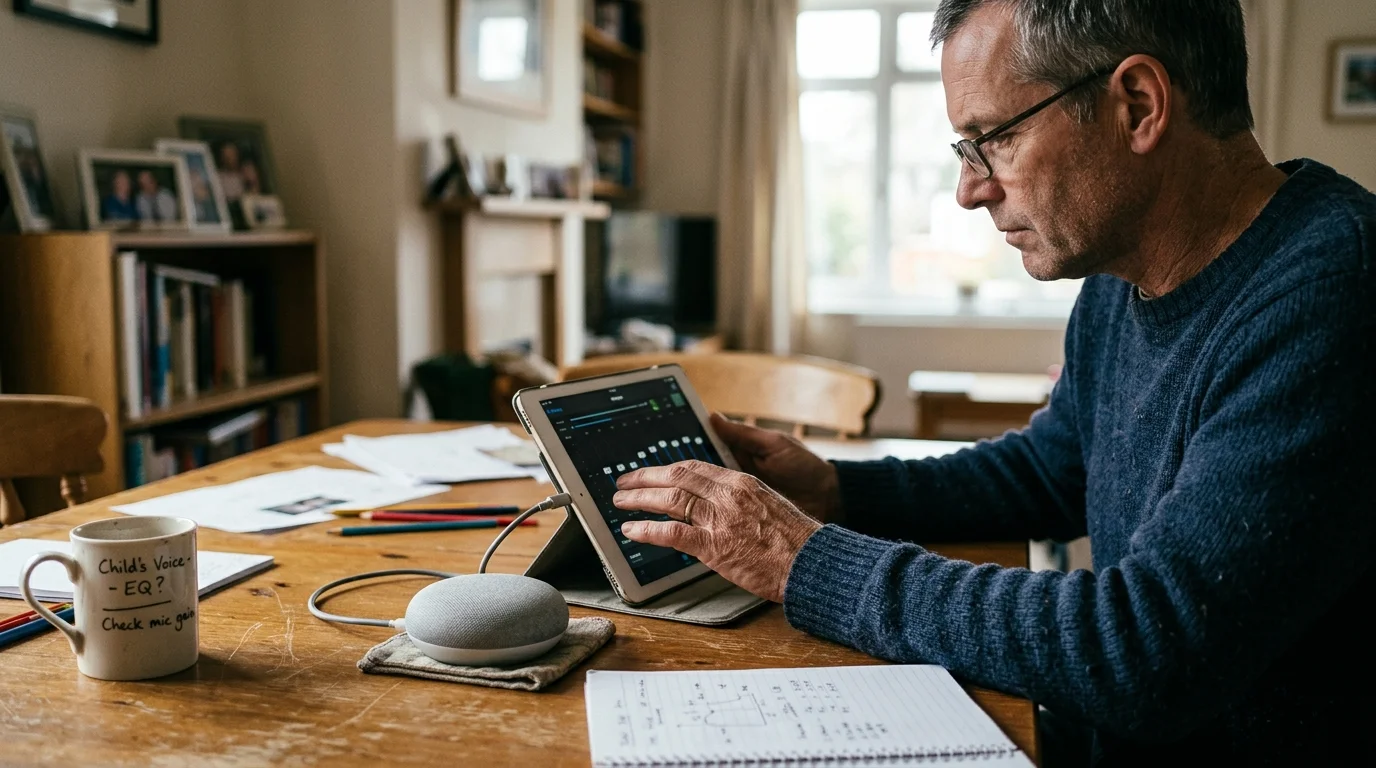 A man wearing glasses adjusts equalizer sliders on a tablet connected by cable to a small smart speaker on a wooden table.