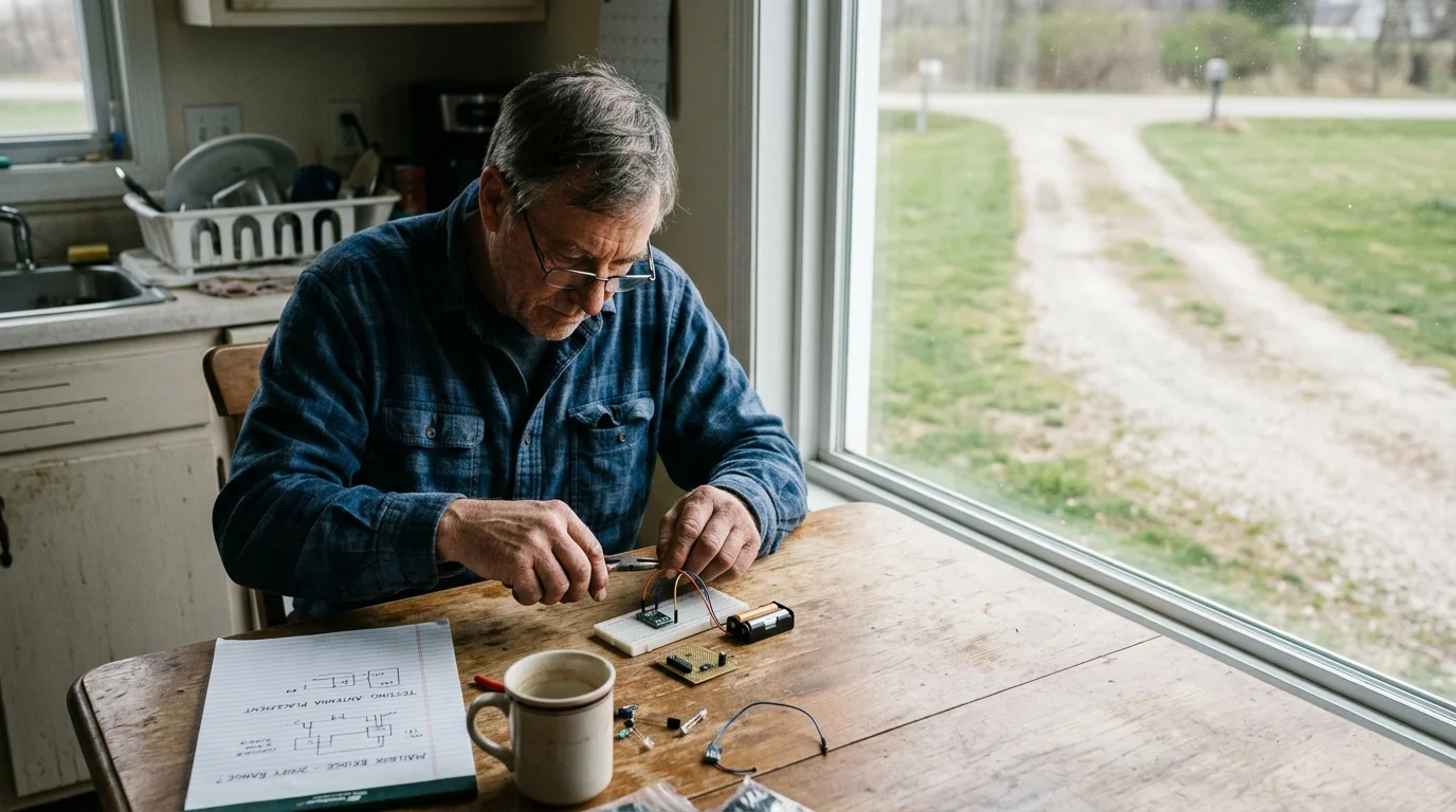 A man at a wooden table near a window works with electronic components, wires, a breadboard, and diagrammed notes.