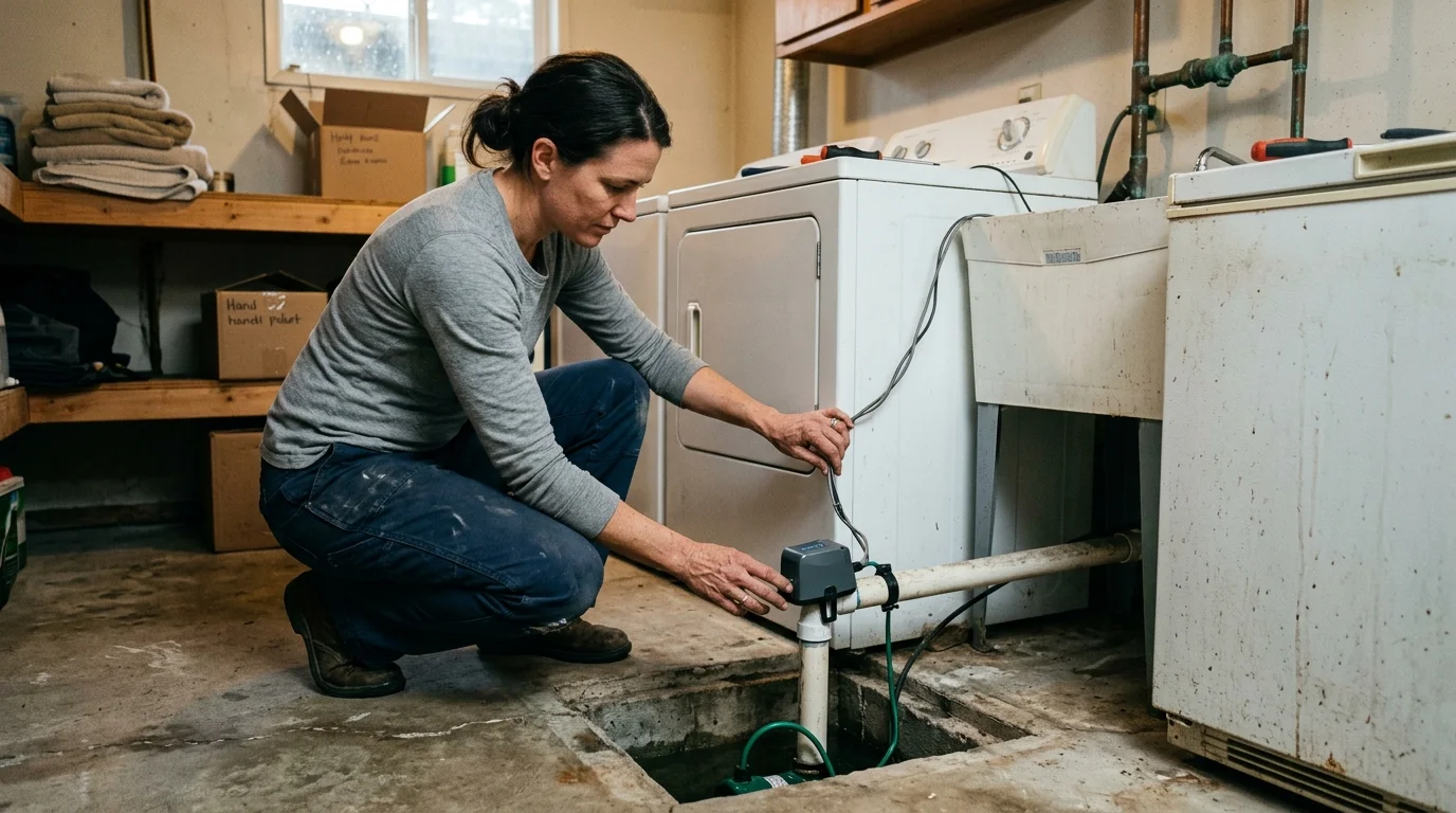 A woman kneels in a basement laundry room to inspect a sensor attached to a sump pump pipe.