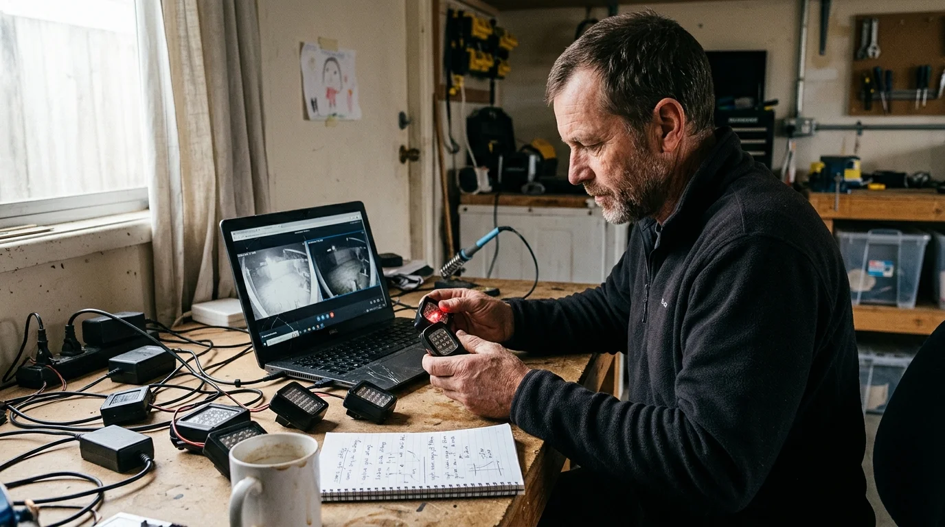 A man at a workshop bench holding small LED lights beside a laptop showing security camera night vision feeds.