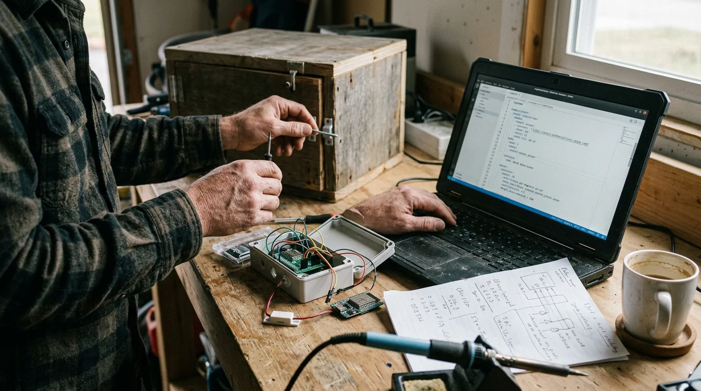Person at a workshop bench configuring electronics in a project box next to a laptop displaying code and a wooden box.