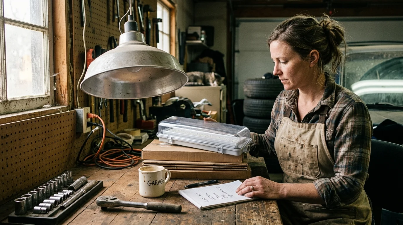 A woman sitting at a garage workbench examines a vapor-tight light fixture, taking notes next to tools and a mug.