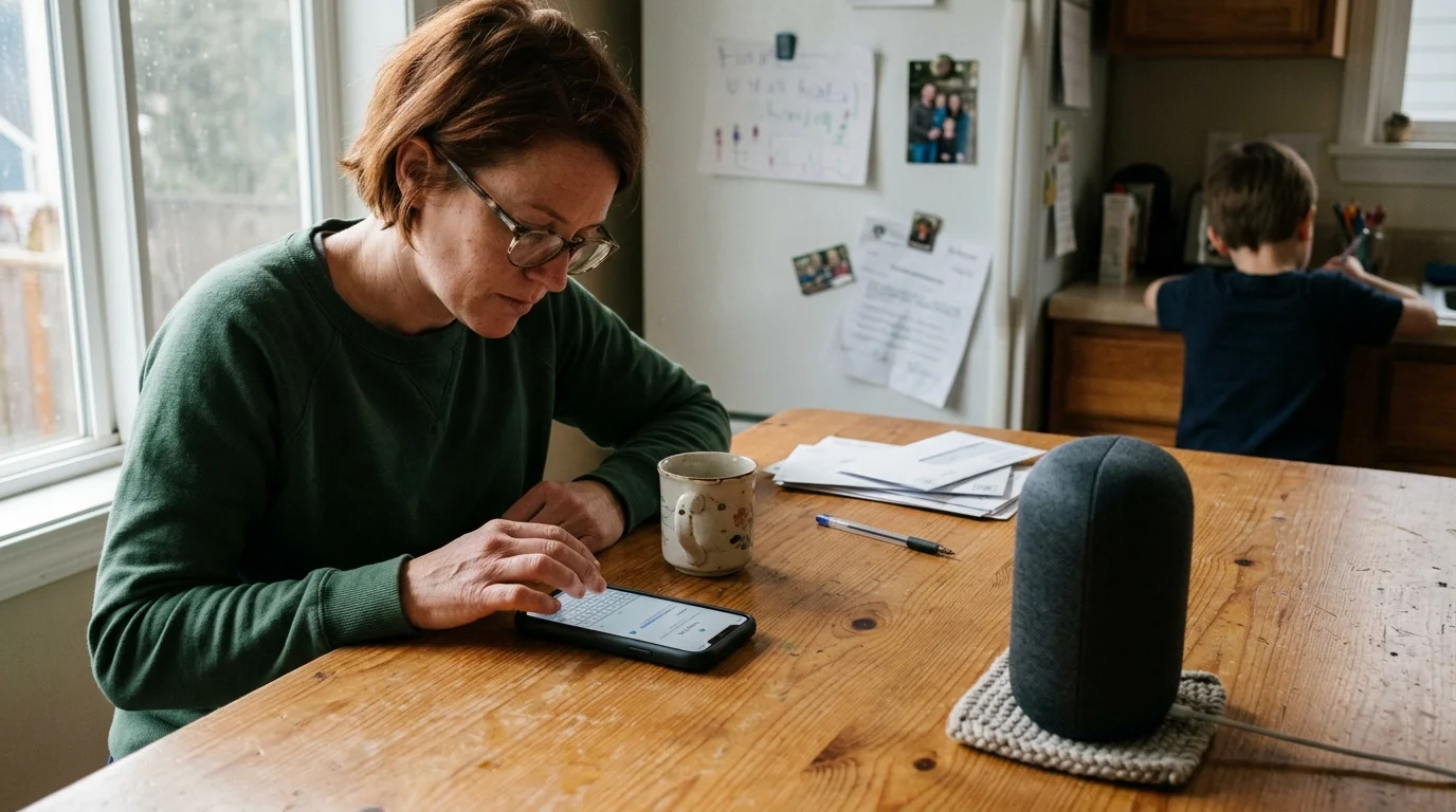 A woman uses her smartphone at a wooden dining table near a smart speaker, with a child in the background.