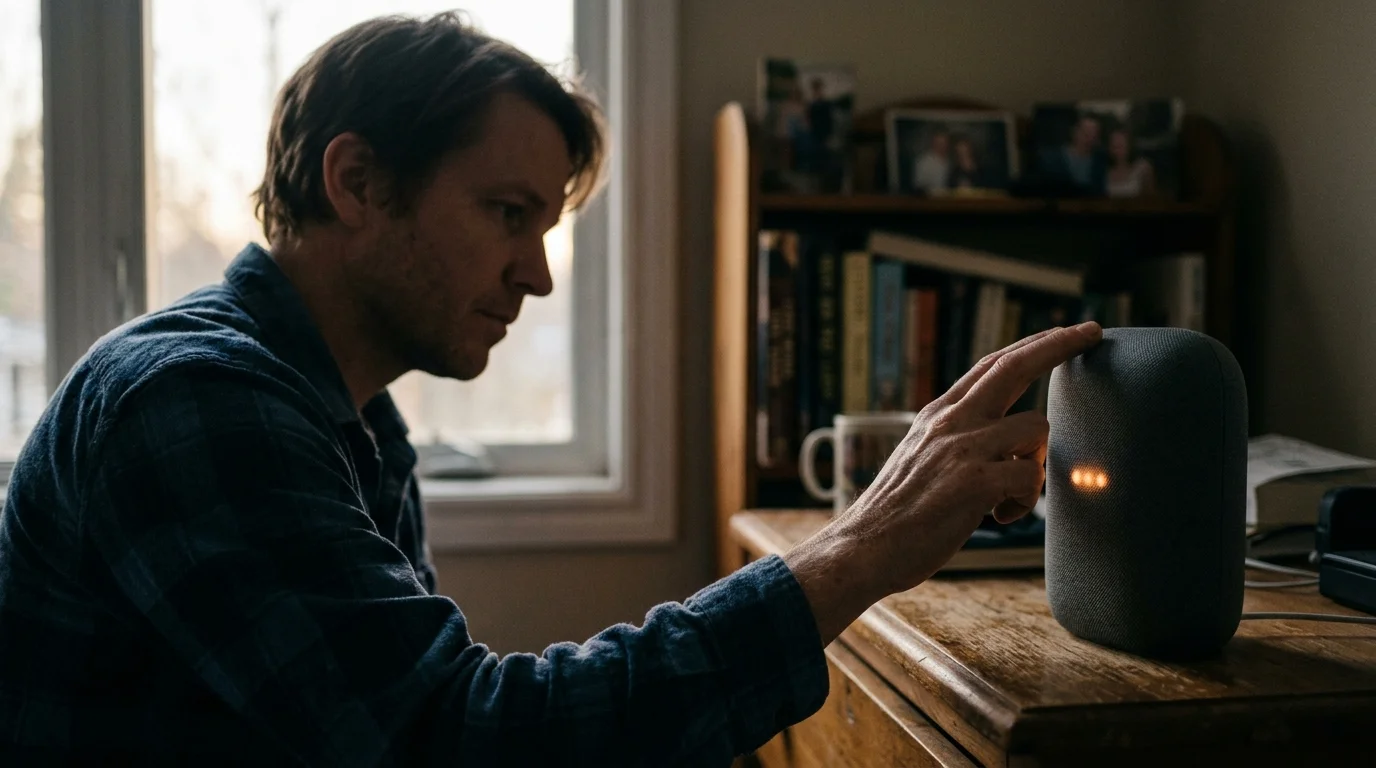 Man touching the top of a grey smart speaker on a wooden desk, displaying glowing orange dot indicator lights.