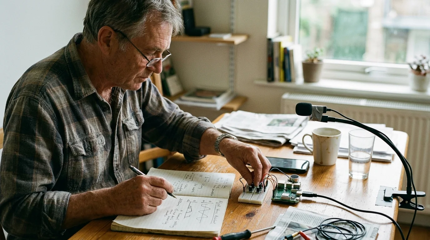 A man wearing glasses sits at a wooden desk, writing in a notebook while adjusting components on a breadboard.