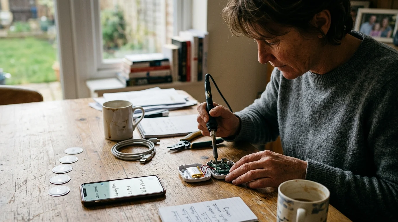 A person solders a small circuit board at a wooden table beside NFC tag stickers, a smartphone, and tools.