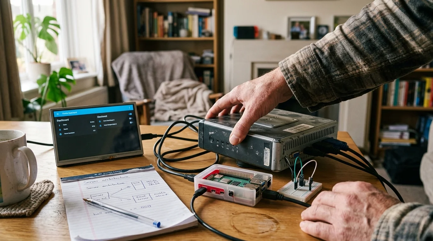 A person's hands setting up a thin client PC, a Raspberry Pi board in a clear case, and a small display on a desk.