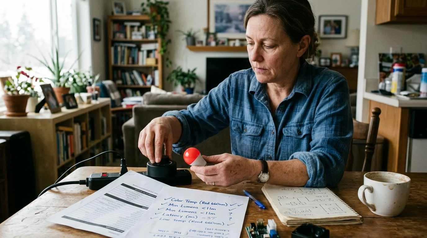 A woman sits at a table testing a red-glowing smart bulb beside handwritten notes comparing lumens and latency.