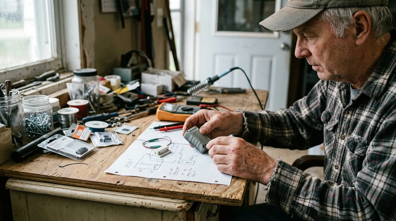 A man in a plaid shirt and cap examines an electronic sensor over a technical schematic at a workshop desk.