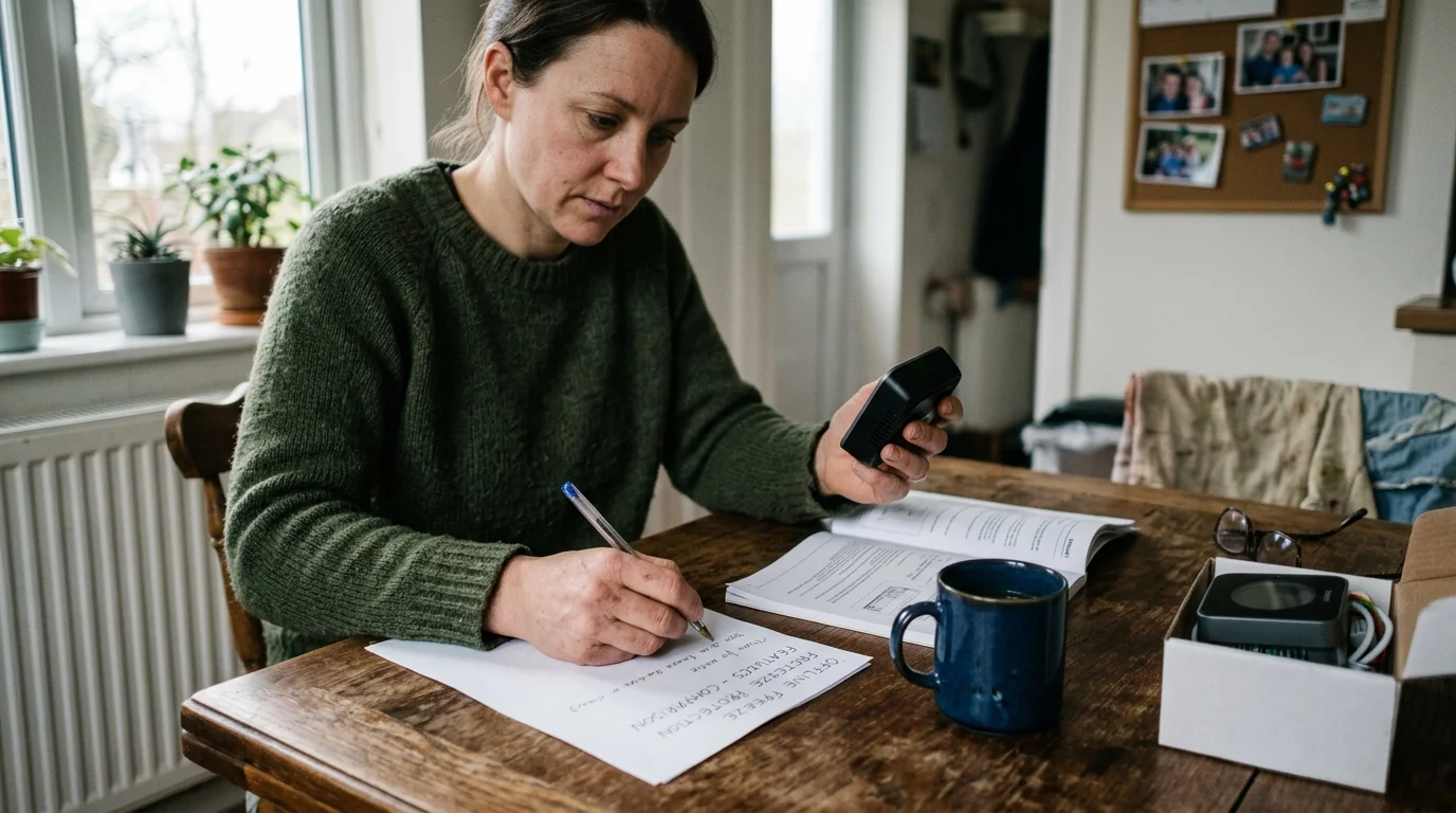 A woman sitting at a dining table reviews a thermostat and manual while writing notes on paper.