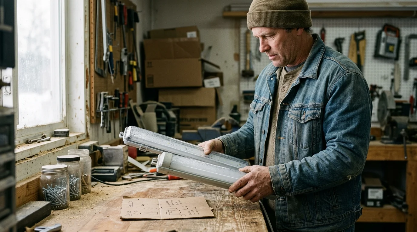 Man in a denim jacket and beanie holding two enclosed fluorescent-style light fixtures over a workshop bench.