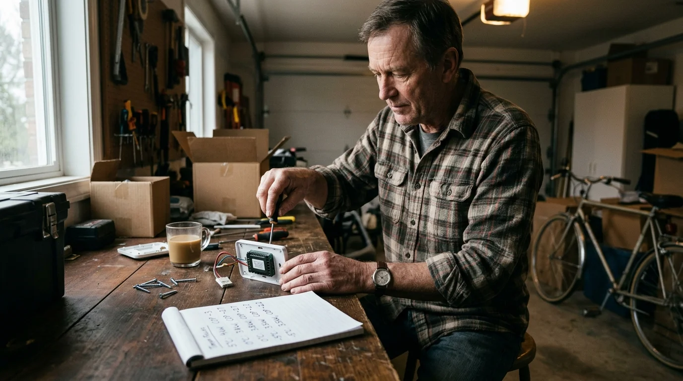 A man at a wooden workbench repairs a thermostat with a screwdriver next to a notepad of handwritten notes.